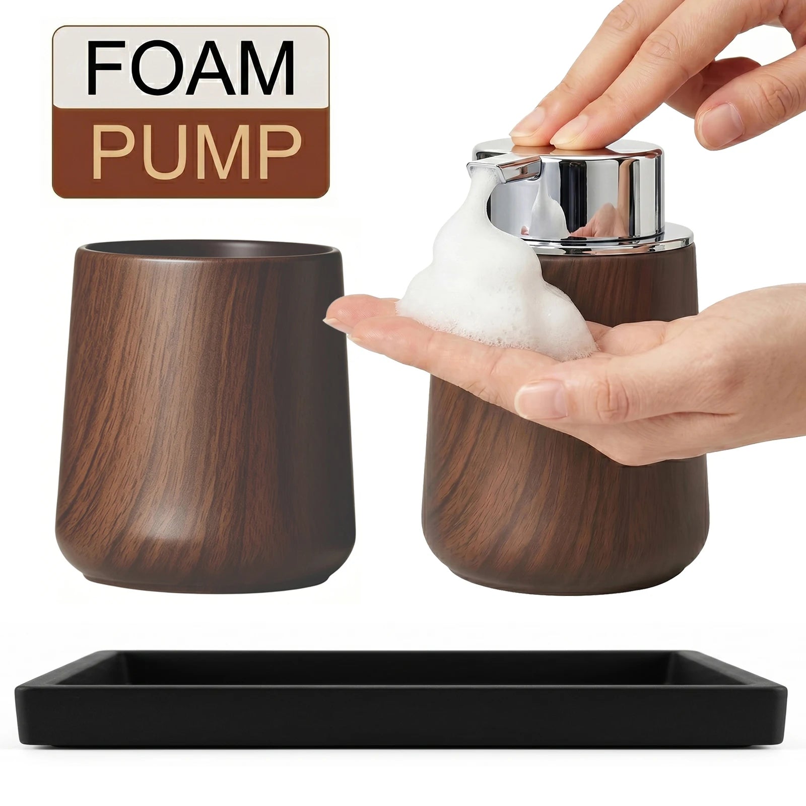 Cotton Lotion Hand Toothpaste Brush Storage Countertop Accessories Walnut Foam Soap Dispenser Bottle Set for Kitchen Bathroom Qme FOAM-SET B