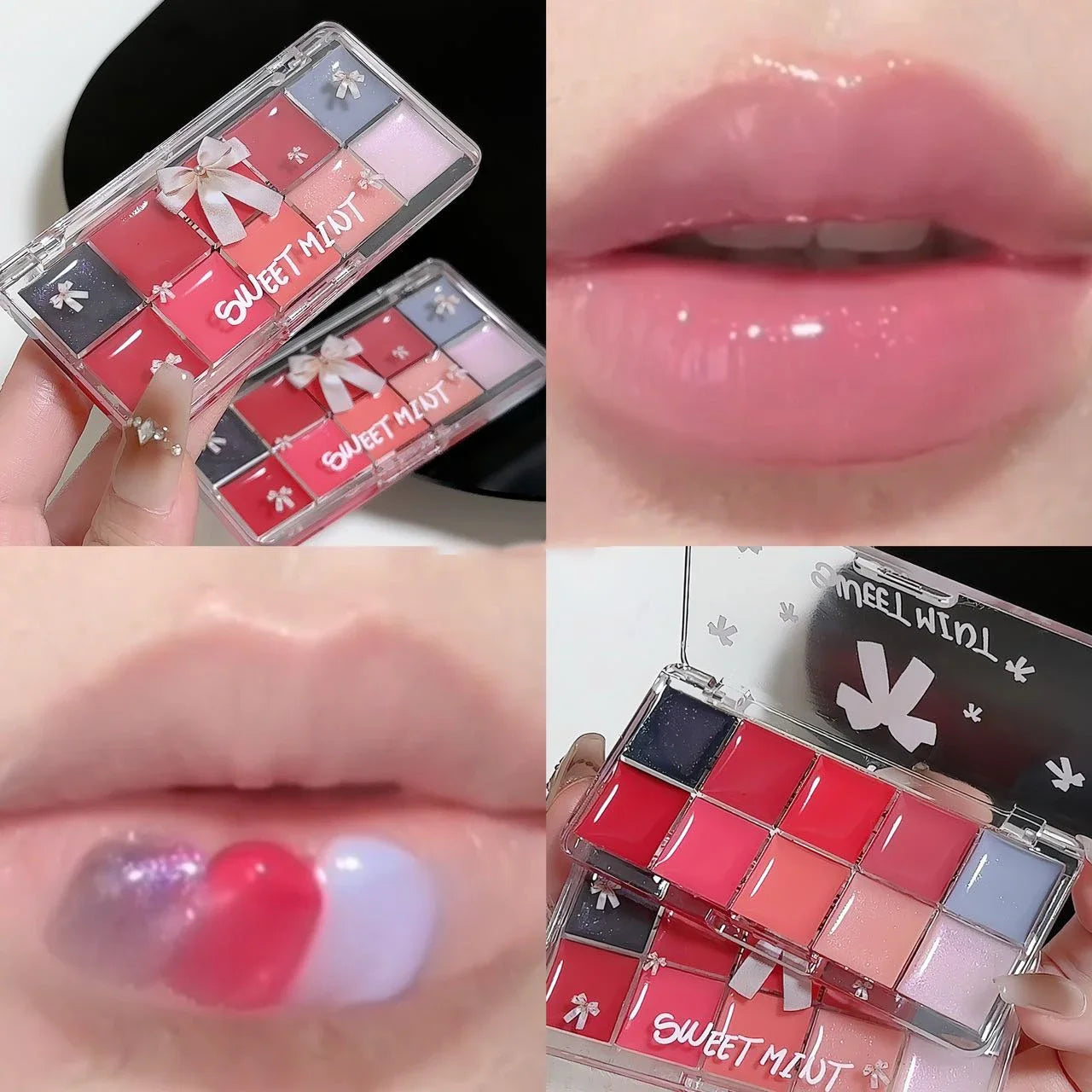 Bow 10Color Jelly Lip Gloss Palette Makeup Moisturizing Liquid Lipstick Palette Raspberry Red Jelly Transparent Lip Glaze Tinted Qme 02