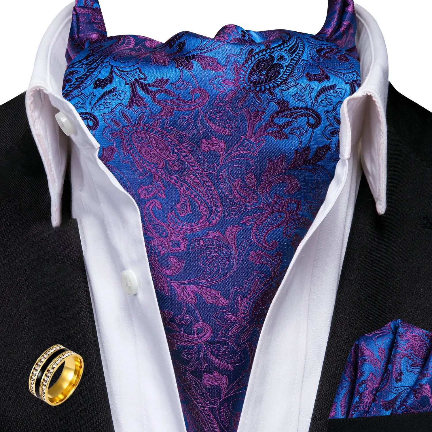 Ascot Tie Set, Classic Cravat with Pocket Square & Decorative Ring, Fashion Men's Neck Accessories Wedding silk Party Daily Wear Qme AS-1174-JZ0020