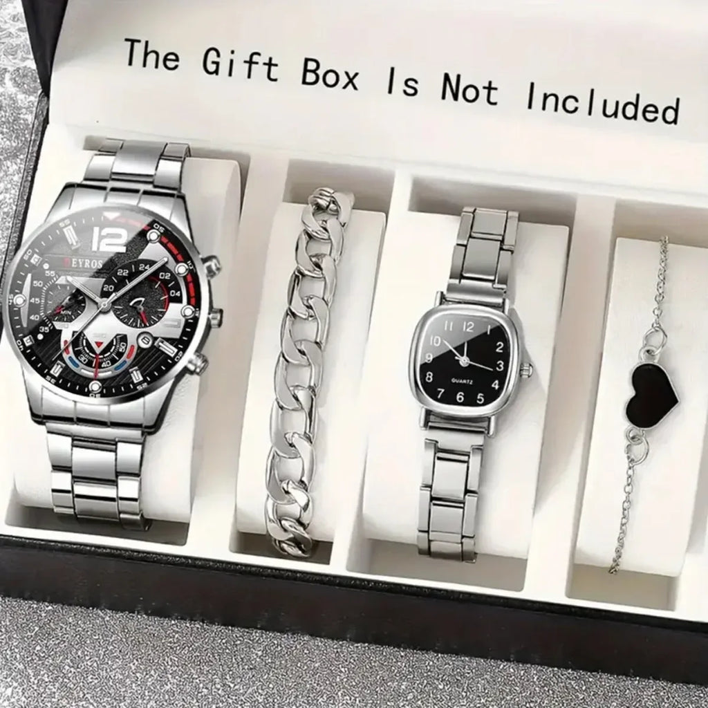 2026 4pcs/set Couple Watches ，Quartz Watch Date Display Men's Wrist Watch， Alloy Strap Round Square Dial Watches for Men Qme