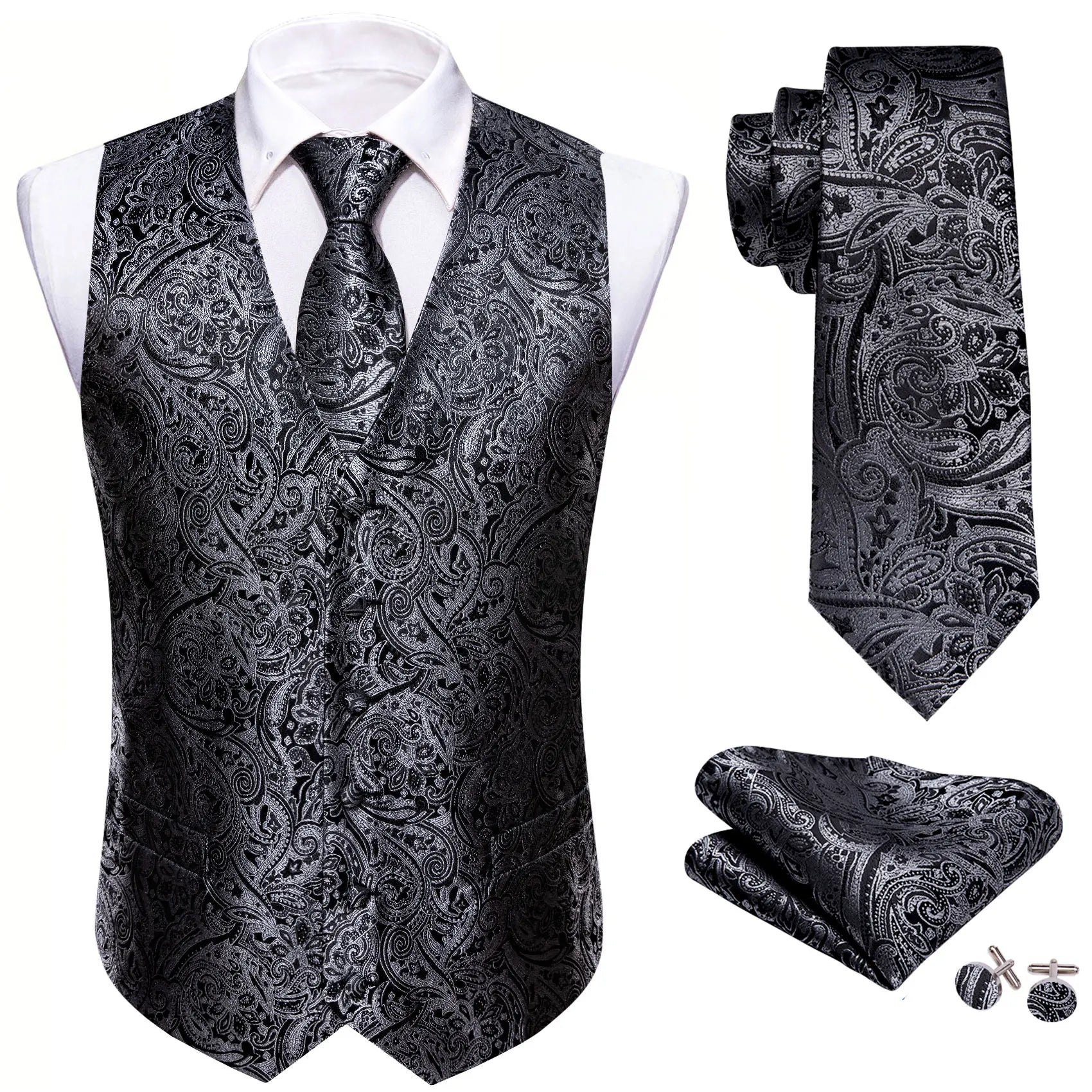 Men's Paisley Floral Vest Includes Matching Tie Cufflinks Weddings Qme MJ-2080 XXXL