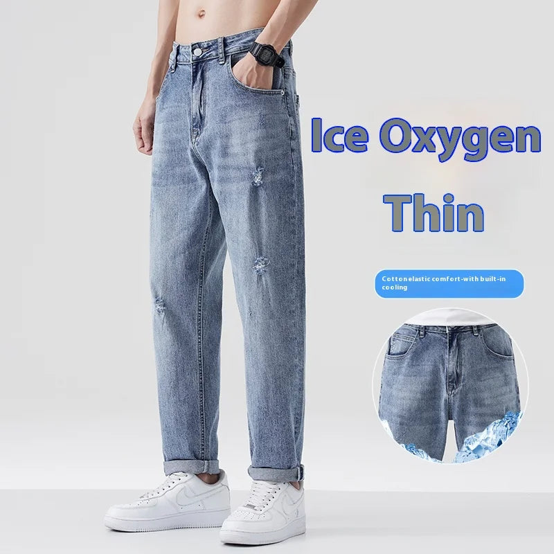 Light-washed Loose Fit Men's Straight Leg Casual Nine-point Jeans with Tapered Ripped Long Pants Stretchy Summer Qme