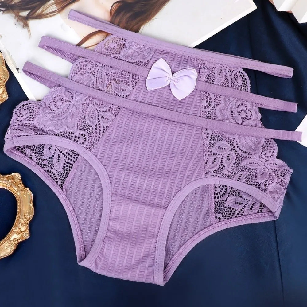 Sweet Hollow Out Women's Panties Waist Mesh Lace Floral Lingerie Qme Purple M 1pc