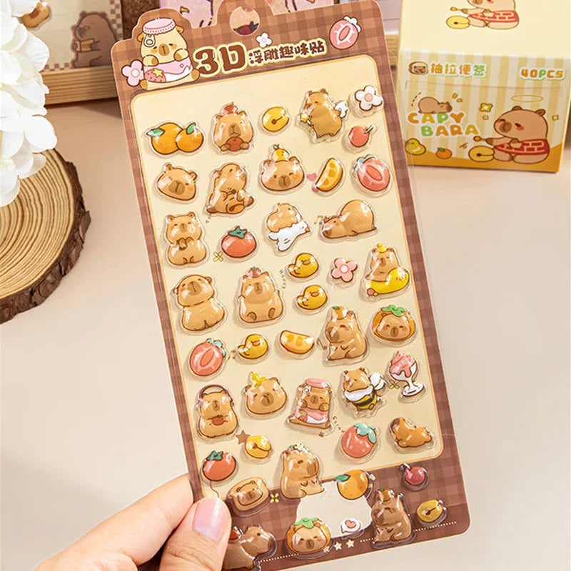 4 Sheets/Bag Capybara Panda Dinosaur CharacterTheme Outline 3D Sticker Set for DIY Scrapbook Phone Case Notebook Decora Craft Qme