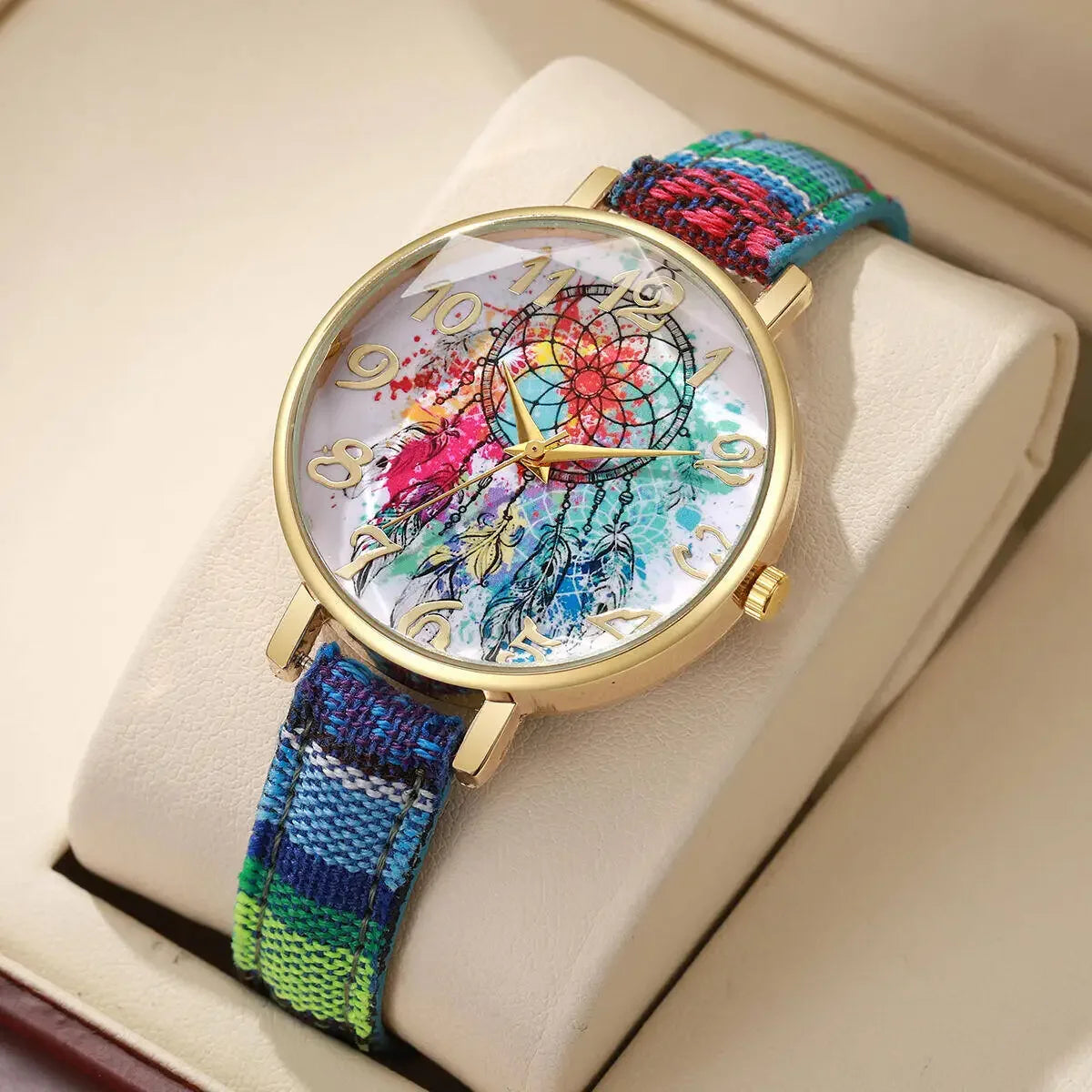 2/3/5PCS Fashion Women Watches Vintage Flowers Printed PU Strap Quartz Watch Reloj Mujer（Without Box） Qme Blue Without Box