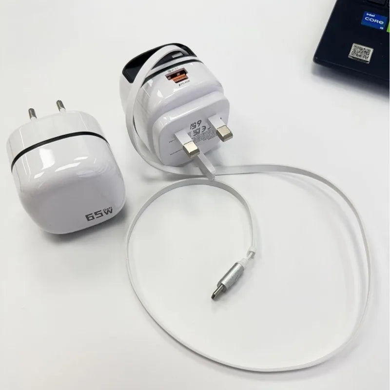 65W Foldable Wall Charger Retractable Cable Compact Travel Adapter Qme