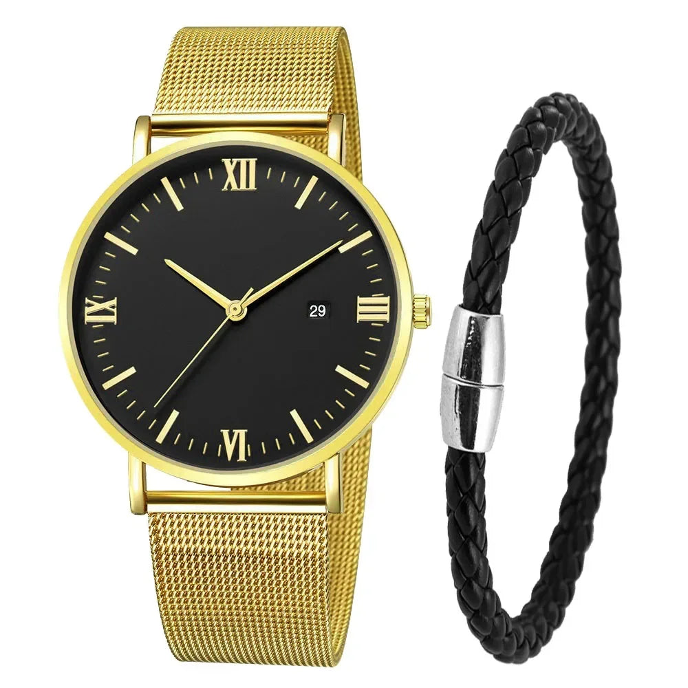 Ultra Thin Men Watch Magnetic Bracelet Quartz Watch Calendar Men Slim Mesh Steel Waterproof Sport Watch Black Relogio Masculino Qme Gold Black set