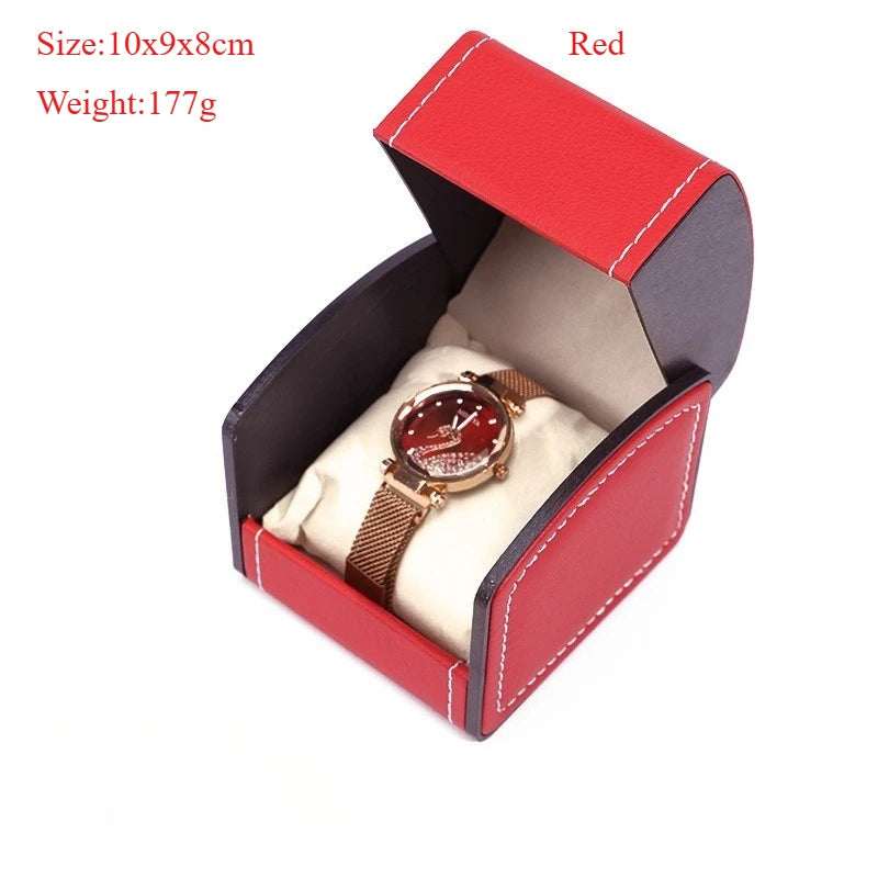 Vintage PU Watch Case Leather Octagonal/Arc Shaped Gift Watch Storage Box Stylish Watch Container Watch Display Box Qme WBA-Red