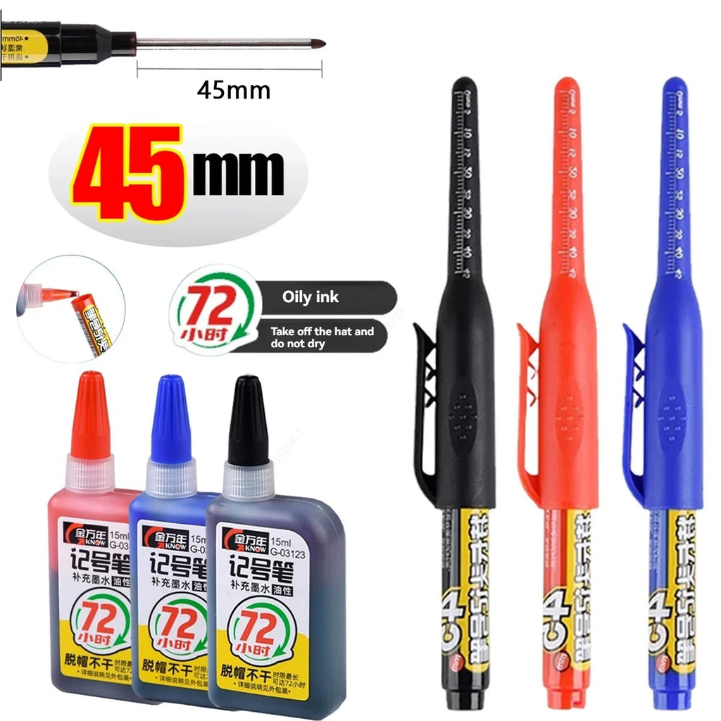 45mm Waterproof Deep Hole Marker Pens Long Nib Head Carpenter Pen Black/Blue/Red Ink for Multi-Purpose Woodworking Hand Tools Qme