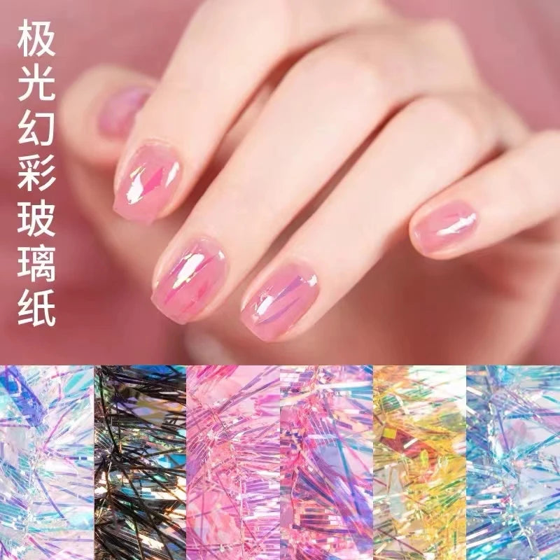 4 Gradient Aurora Cellophane Nail Stickers Mirror Design Broken Glass Qme