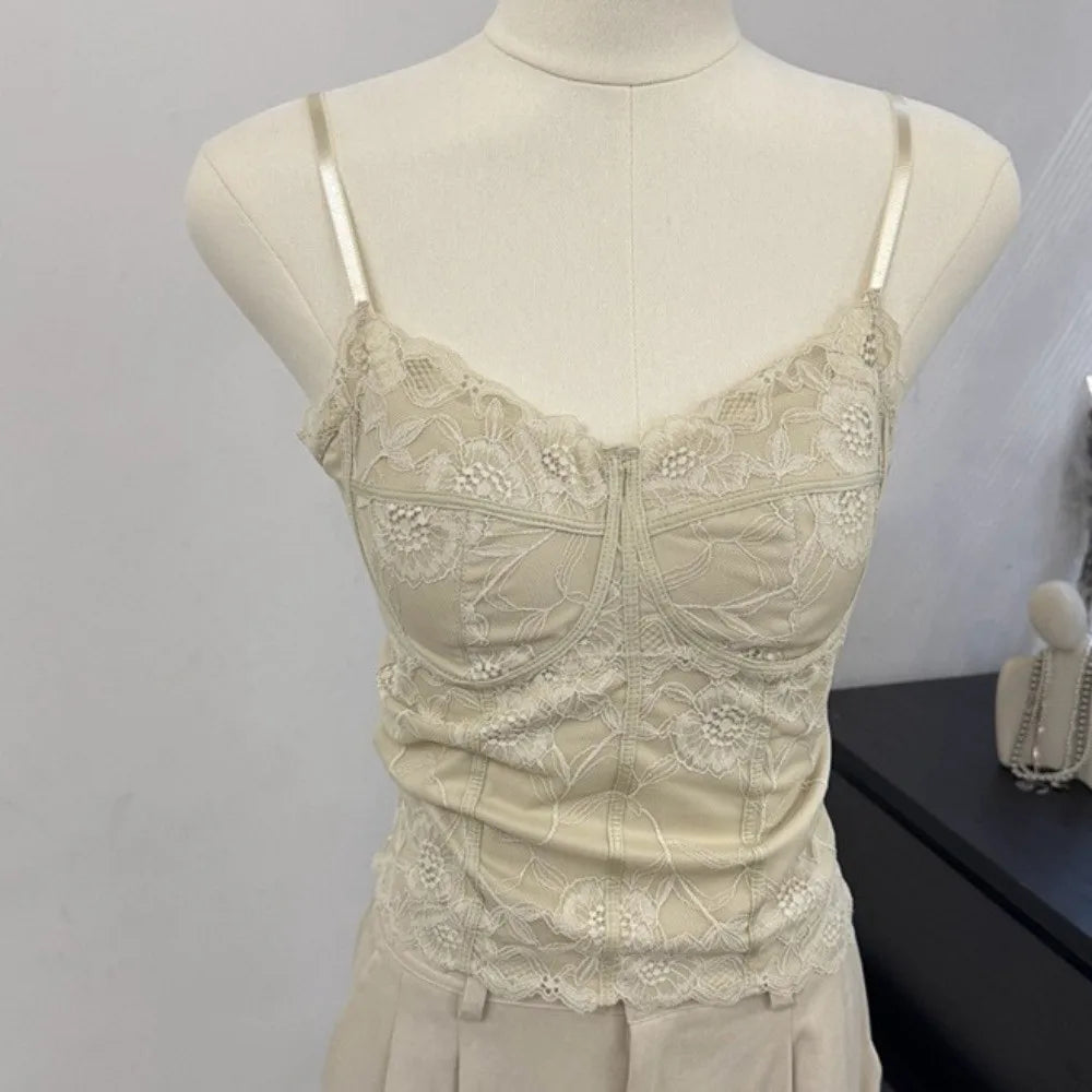 Chic Mesh Flower Slim Lace Crop Bottoming Shirt Sweet Girl's Vest V Qme