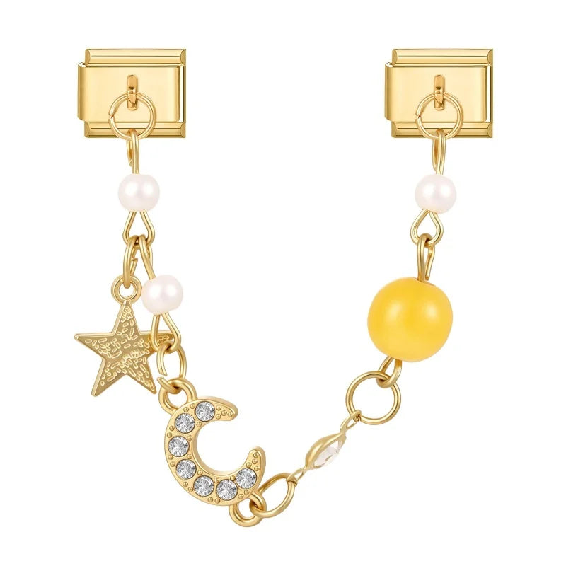 Retro Pearl Stars Moon Shiny Zircon Gold Color Chain Tassel Italian Charm Link Fit 9MM Stainless Steel Bracelet Women DIY Making Qme S 8