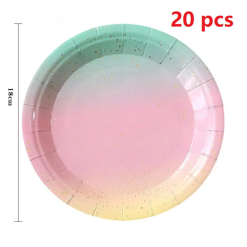 Rainbow Tableware Set for Birthday Party Decorations Rainbow Tableware Paper Plates Cups Napkins Tablecloth Dinner Disposable Qme 20PCS 7 inches