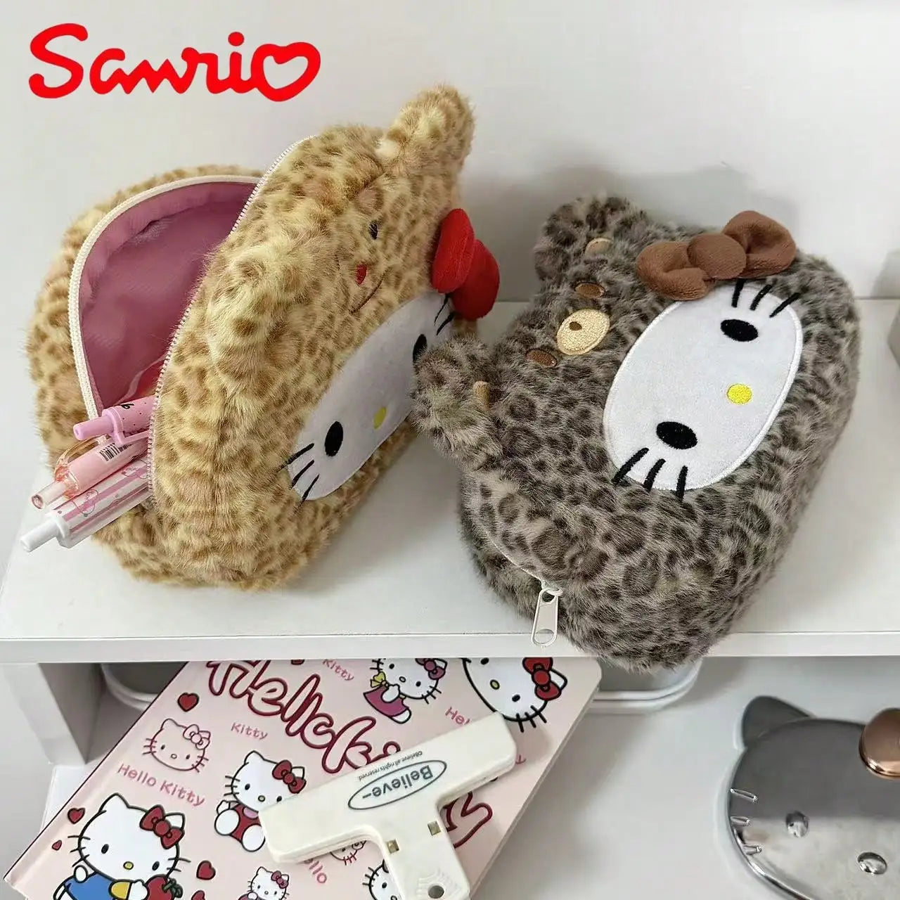 Sanrio Ins Worthy Leopard Print Kitty Pencil Case Stylish Makeup Bag Qme