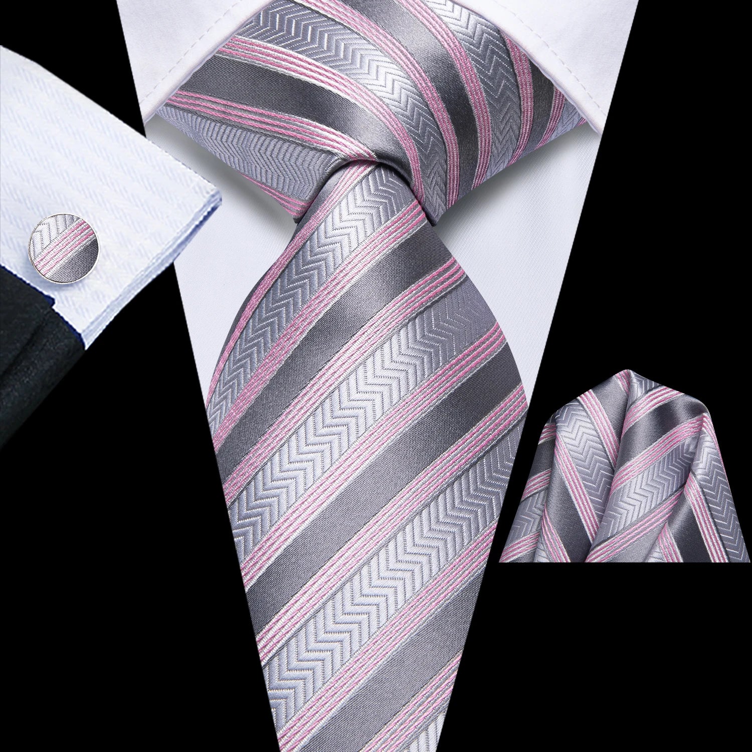 Hi-tie Smoke Grey Tie Men Elegant Mens Necktie Pocket Square Cufflink Qme LDSN3849
