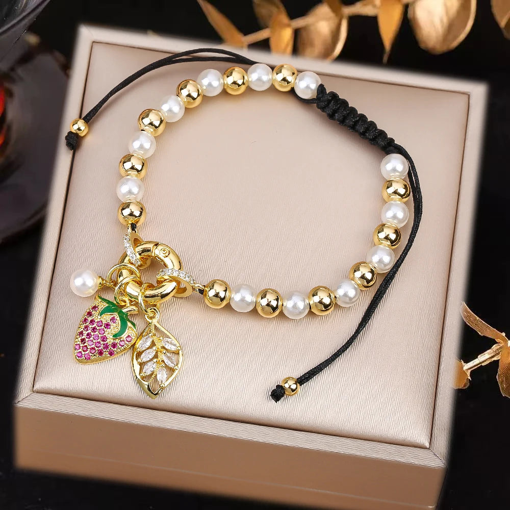 High Quality Pearl Chain Braided Crystal Cherry Adjustable Rope Bracelet Charming For Woman Girl Party Jewelry Gift Daily Wear Qme D