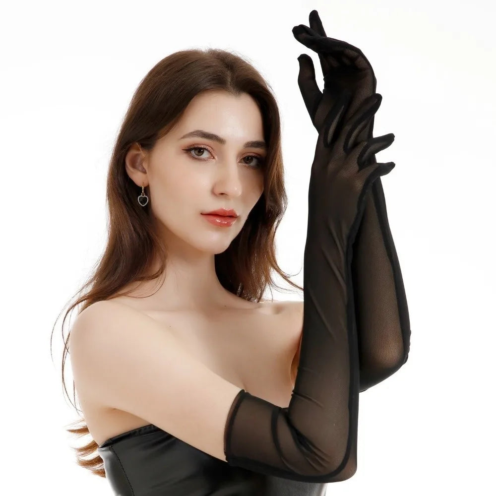 Fashion Ultra-thin Transparent Gloves Elbow Sheer Tulle Sunscreen Mittens Sun Protection Gauze Mesh Full Finger Gloves Outdoor Qme