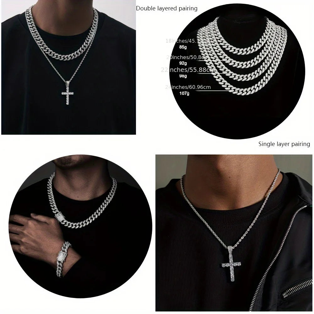 Men's Bling Jewelry Set: Gold Iced Out Watch + Cuban Link Chain + Bracelets + Cross Pendant Necklace + Ring, 5Pcs Hip Hop Set Qme