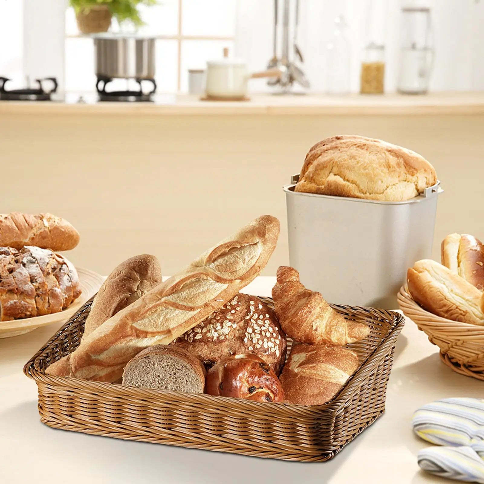 Hand-woven Storage Basket Rattan Tray Wicker Baskets Bread Fruit Food Qme