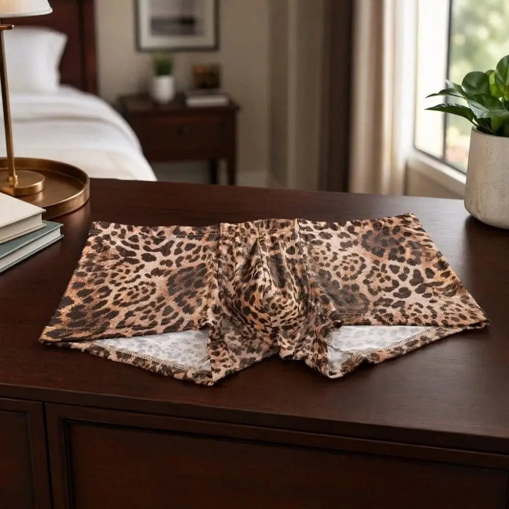 Breathable Leopard Print Men's Boxer Briefs Thin Flat Pants Mesh Qme