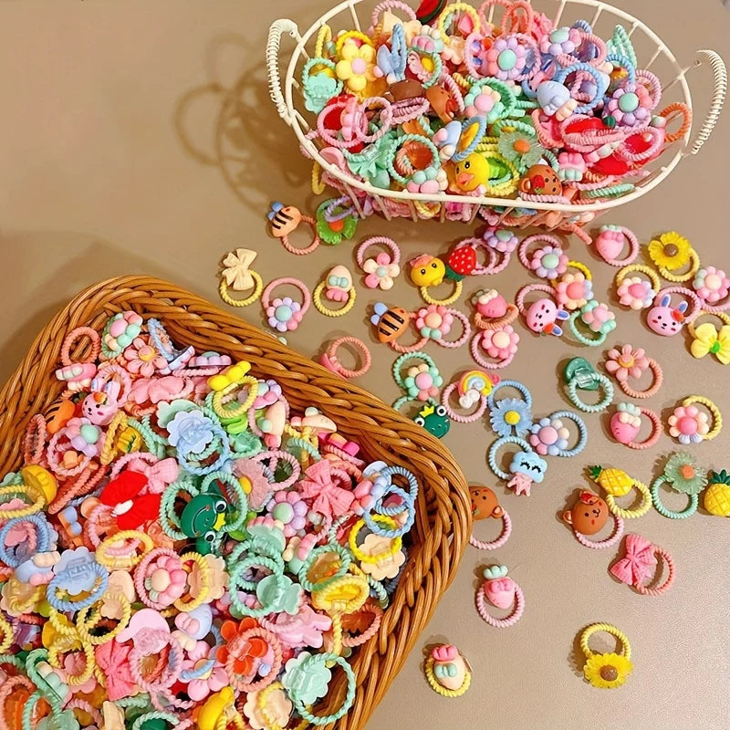 50pcs girls high elastic hair band does not hurt hair, cartoon animal flowers and fruit decorative hair band, decorative hair se Qme