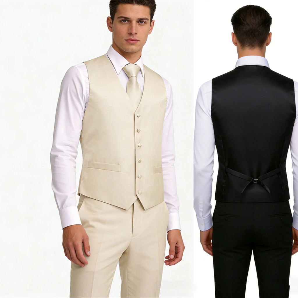 Mens Beige Suit Vest Tie Hanky Cufflinks Set Paisley Plain Waistcoat Sleeveless Jacket Necktie for Male Wedding Busniess Qme