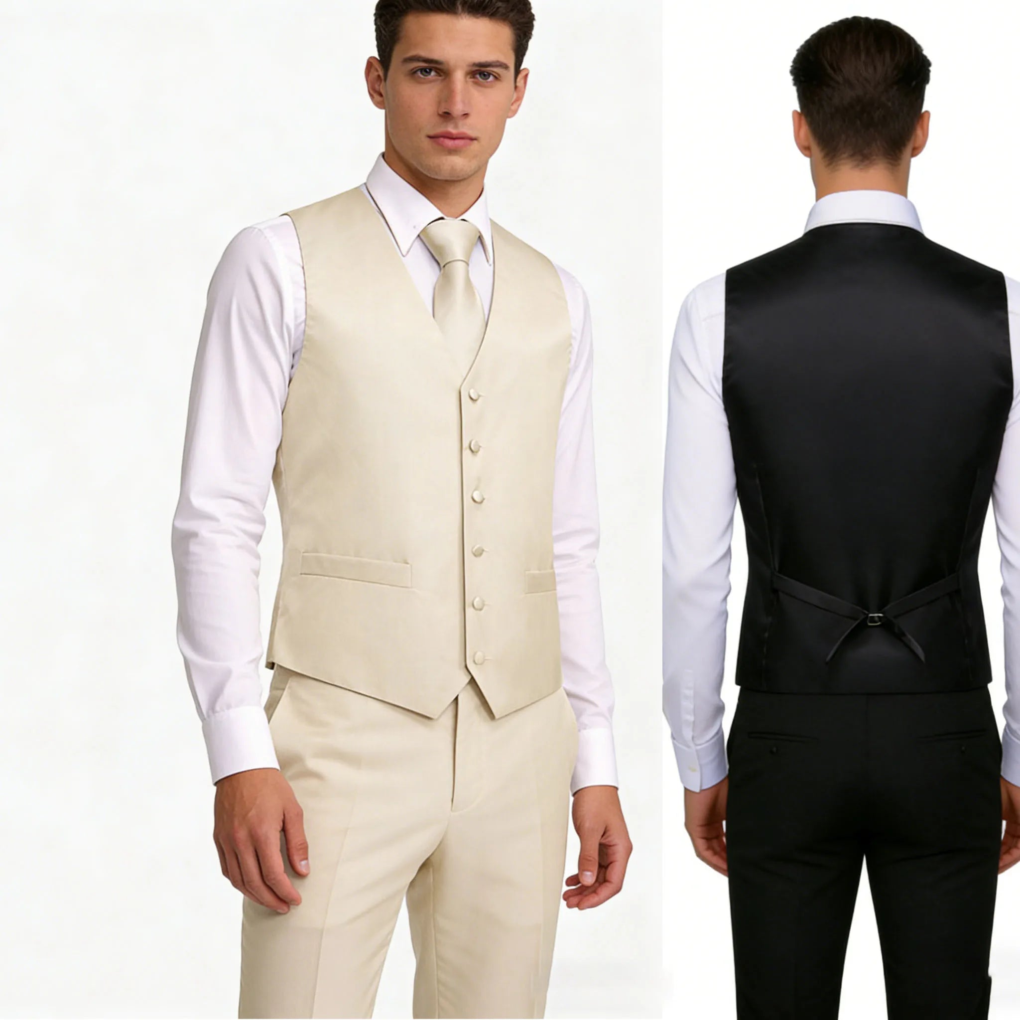 Mens Beige Suit Vest Tie Hanky Cufflinks Set Paisley Plain Waistcoat Sleeveless Jacket Necktie for Male Wedding Busniess Qme