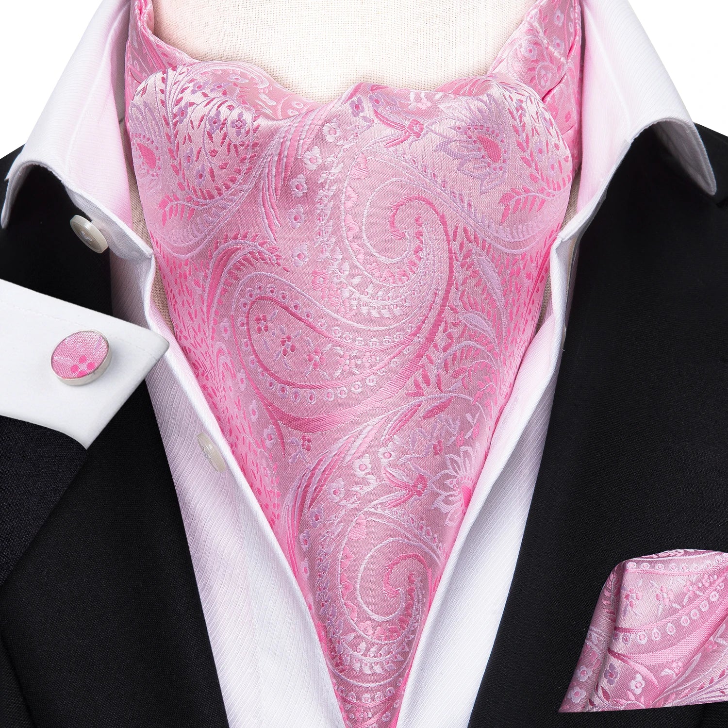 Hi-Tie Silk Mens Ascot Pocket Square Cufflinks Set Jacquard Paisley Floral Vintage Cravat Tie for Male Red Blue Green Gold Pink Qme AS-1038