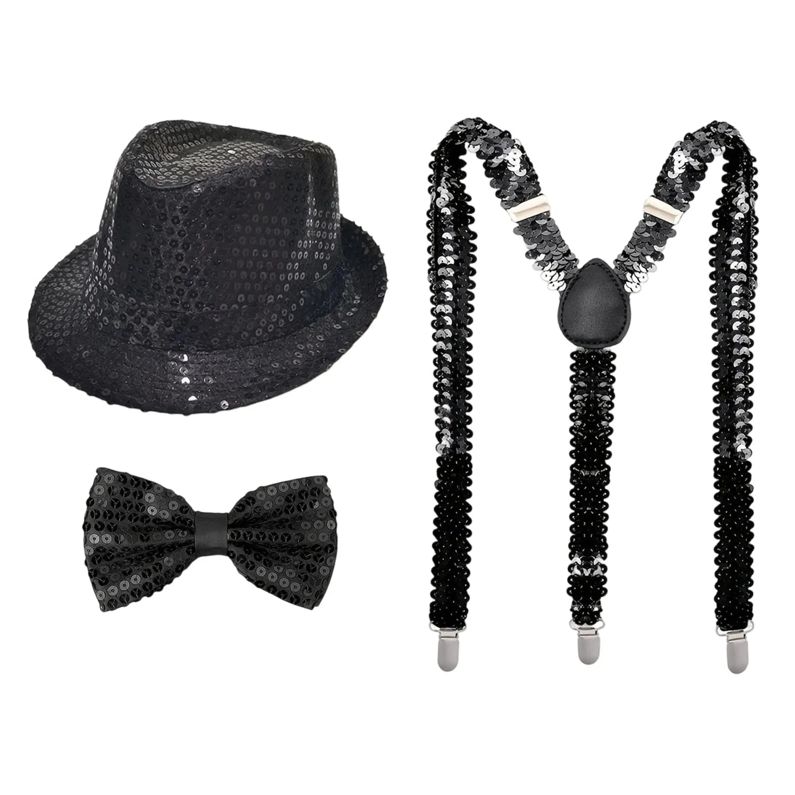 Performance Props Set with Sequined Hat Tie Gloves and Suspenders Party Wedding Boy Men Christmas Decor Carnival Ball Party Prop Qme Black