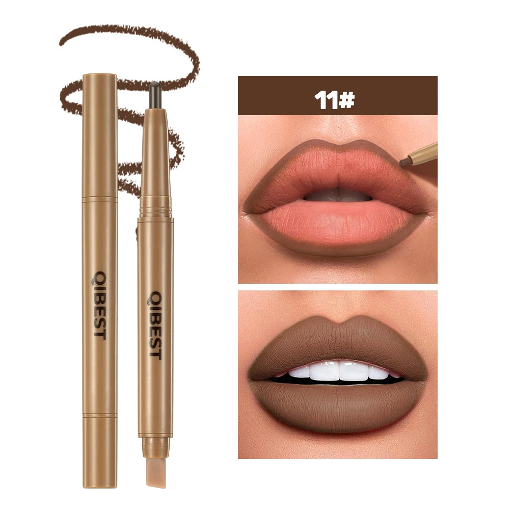 QIBEST Double Head Lip Liner&Brush Pen Makeup Mist Matte Contour Tint Lipstick Pencil 2 In 1 Stick Lasting Nude Black Lipliner Qme 11