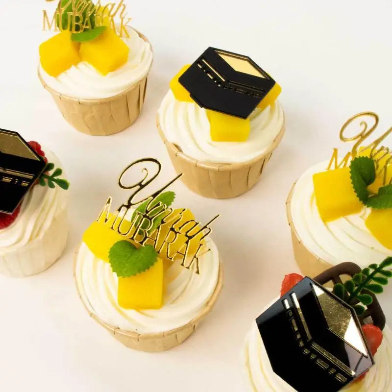 6Pcs/set Golden Muslim Umrah Mubarak Topper Hajj Mubarak Cake Topper Kit Dessert Cupcakes Decoration Ramadan Decorations Qme