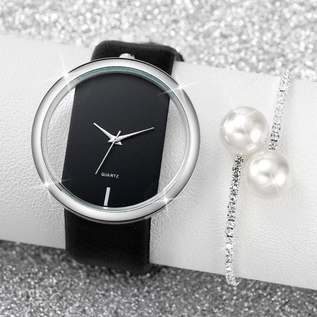 2 Pçs/set Relógios Femininos Moda Hollow-out Dial Pulseira de Couro Relógios de Quartzo Conjunto de Pulseira de Pérola Qme
