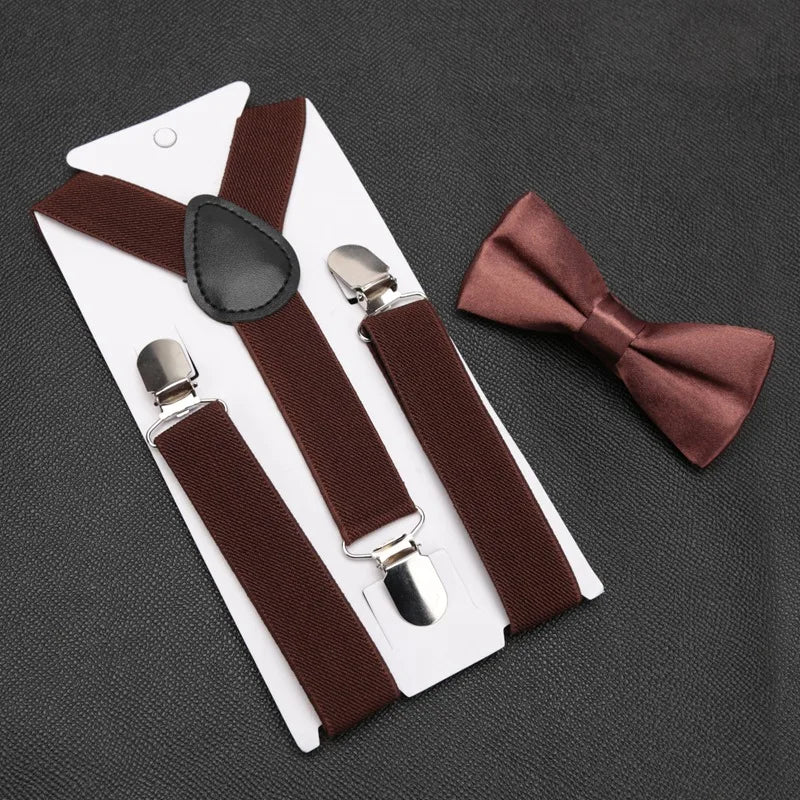 Kids Suspenders for Pants Bowtie Set Matching Tuxedo Suit Boy Girl Childs Black Adjustable Y-Back Brace Belt Wedding Accessories Qme Brown