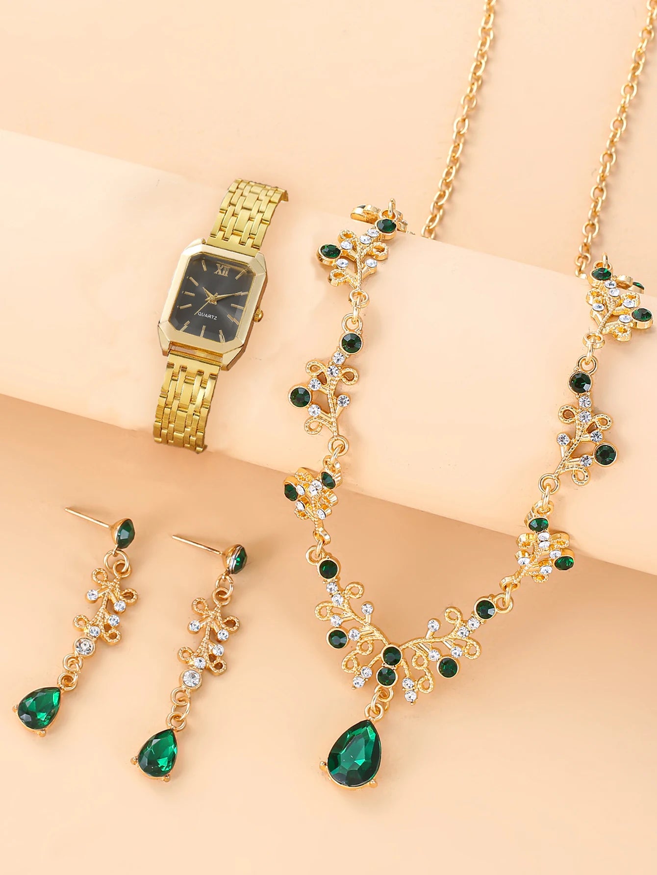 1pcs women's watch, female student fashion, simple square quartz watch+3 pcs oval gemstone flower set Qme Golden Black Set
