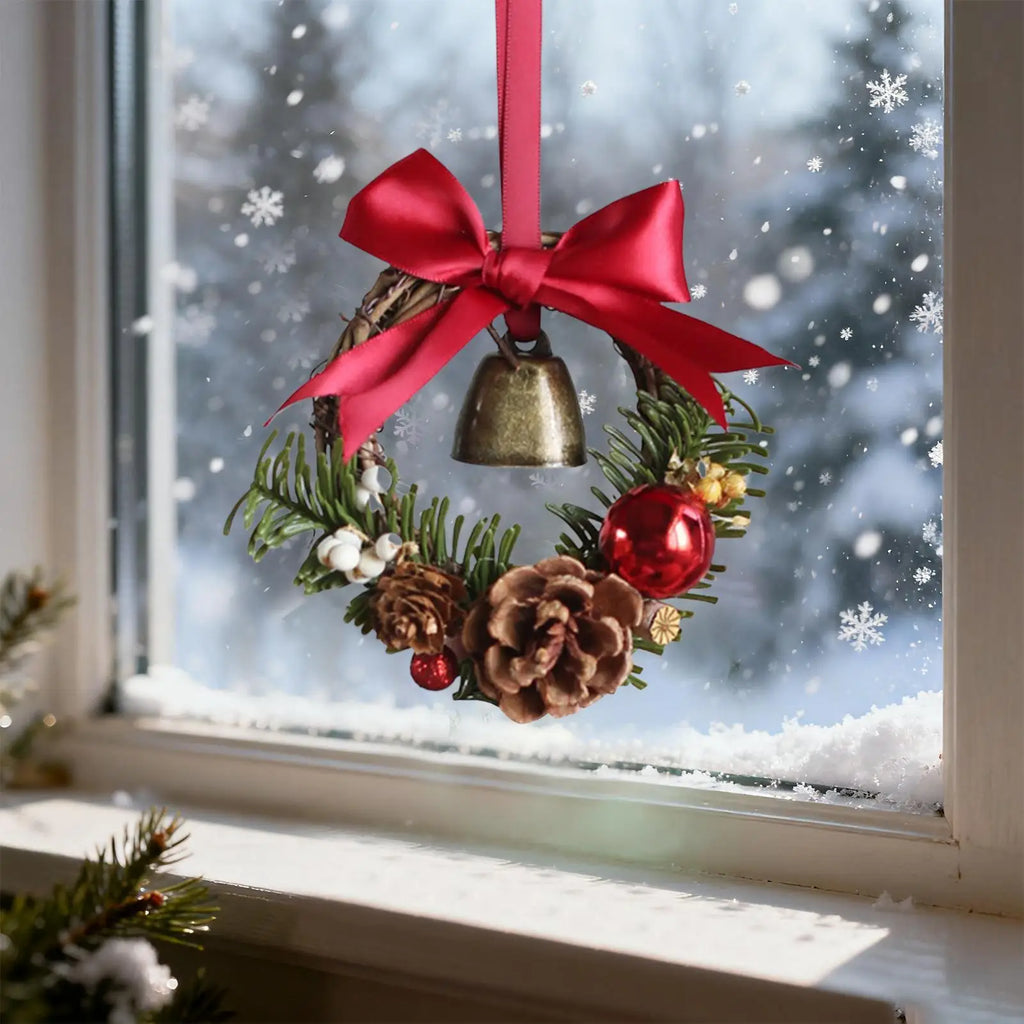 Christmas Wreath Mini Bell Bow Decor Artificial Holiday Garland Qme