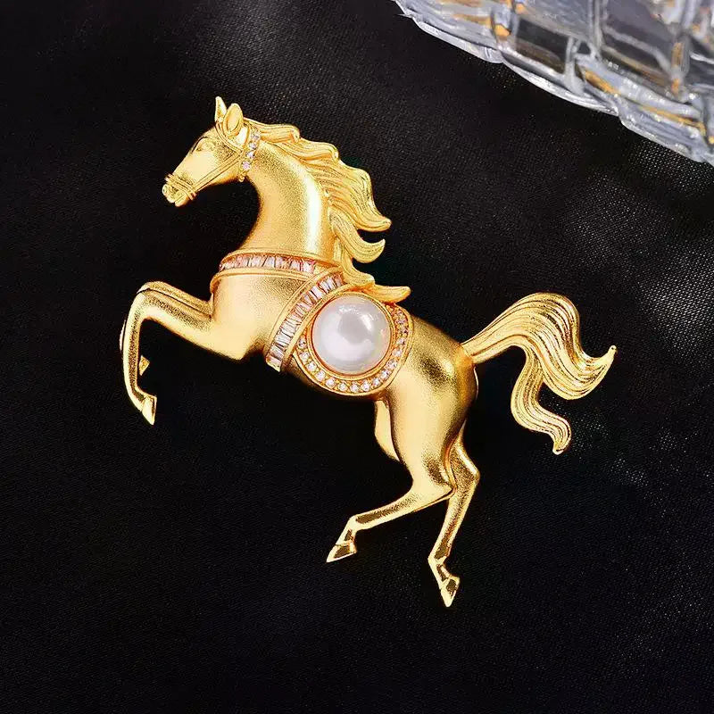 Rhinestones Pearl Alloy Horse Brooches Zodiac Pony Pins Women Men Clothing Accessories Suit Lapel Corsage New Year Gifts Qme