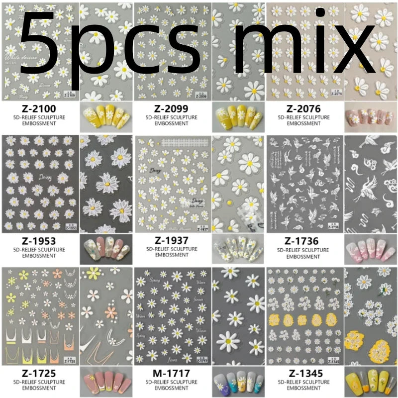 5D Flower Daisy Embossed Stickers Nail Sliders Decals Daisy White Florals Petals Flowers Back Glue Nail Sticker Decoration Qme 5pcs mix
