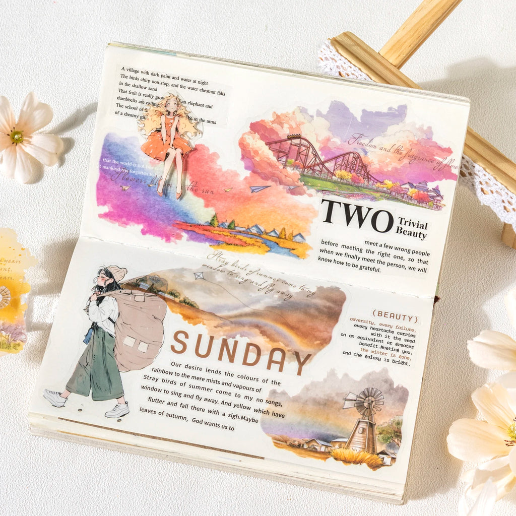6 Designs Scenery Under Clouds Theme PET Stickers for Scrapbooking DIY Frame Collage Decoration laptop Phone Qme