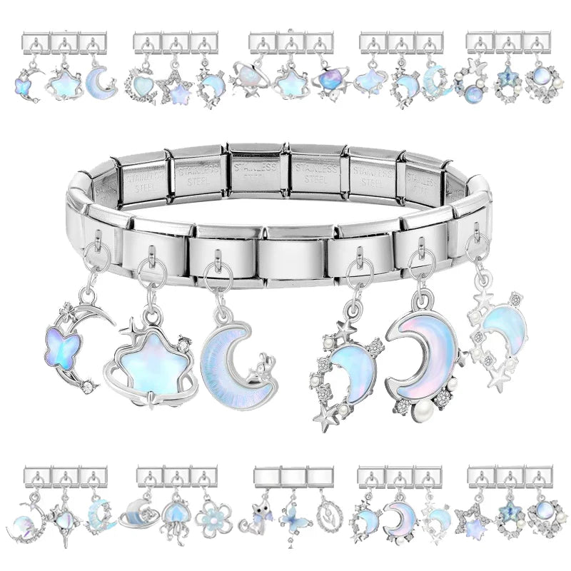 2026 3PCS Beautiful Blue Moon Heart Starfish Italian Charms Link 9mm Modular Bracelet Stainless Steel DIY Gift Jewelry Wholesale Qme