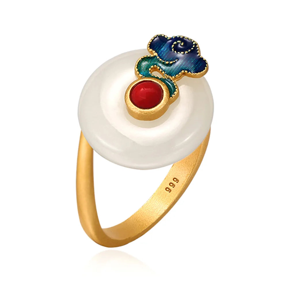 Fashion Hotan Jade Vintage Ring White Jade Beauty Lucky Ring Women's Leisure Travel Banquet Chinese Rings Jewelry Gift Qme WHITE resizable