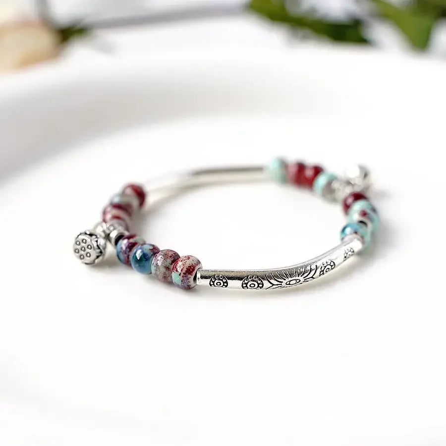 Cute Creative Lotus Handmade Ceramic Forest Bracelet National Style Pendant Classic Chinese Style Bracelet Wholesale Qme Concubine color