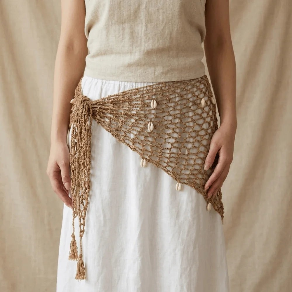 Boho Solid Triangle Hip Scarf Shell Mesh Crochet Short Skirt Wrap Qme Brown