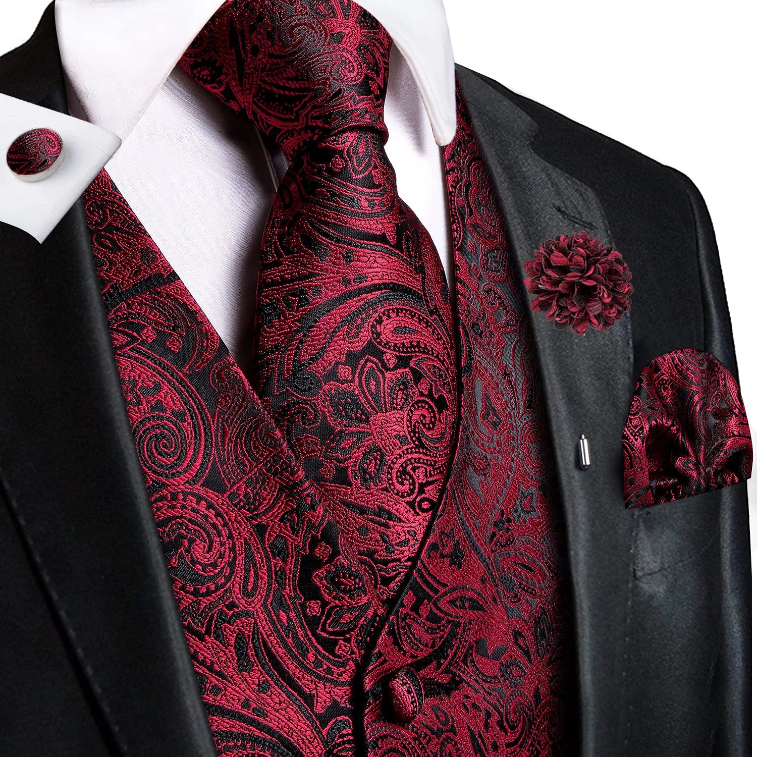 Mens Vests Jacquard Waistcoat Neck Tie Hanky Cufflinks Brooch Men Qme