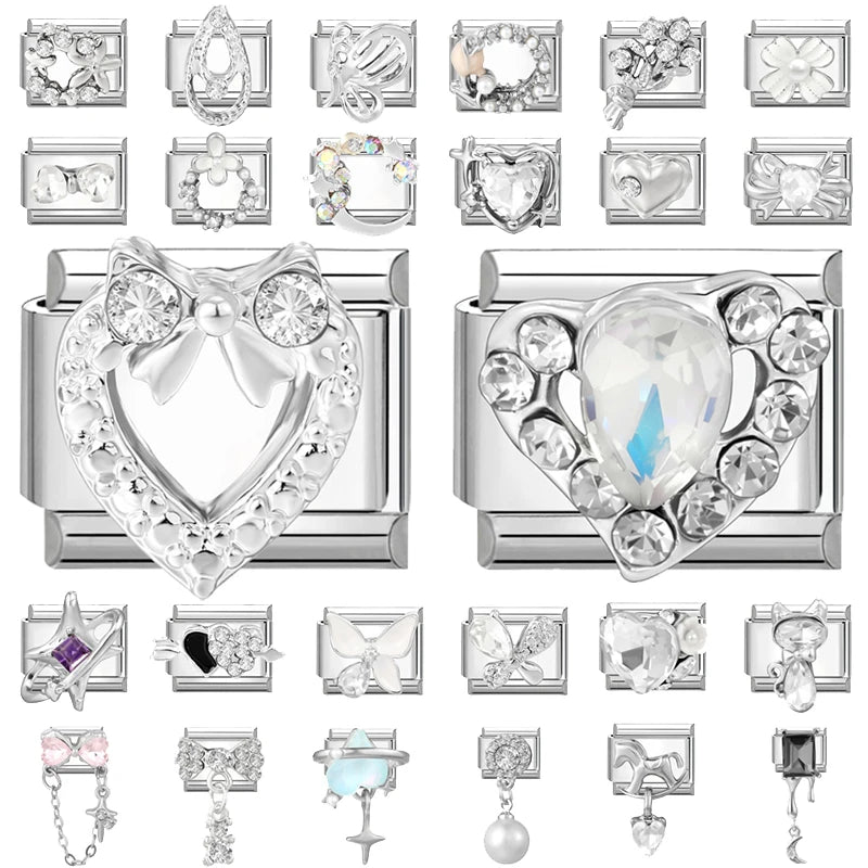 New Shiny Zircon Heart Bow Butterfly Bouquet Star Italian Charm Links Fit 9MM Stainless Steel Bracelet Girls' DIY Making Gift Qme