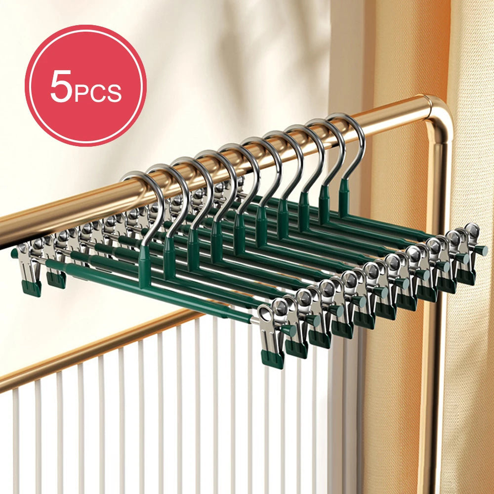 Adjustable Metal Hangers with Clips, Non-Slip Space-Saving for Pants/Skirts & All Garments, Keep Clothes Tidy & Organized Qme 5pcs Green