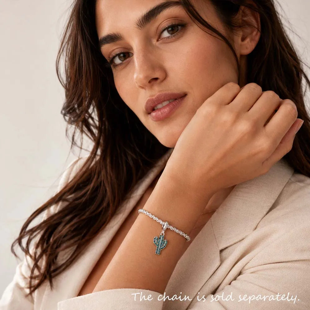 Blue Cactus Charm Fine Jewelry Europe Club Trendy Women Gift In 925 Sterling Silver Qme