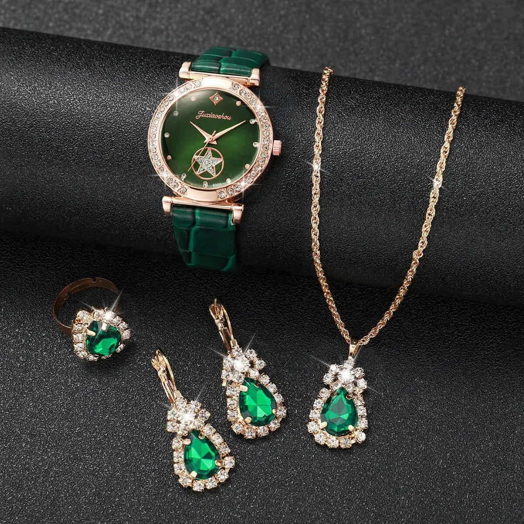 Rose Gold Ladies Green Leather Watch Set Water Drop Emerald Crystal Jewelry Necklace Earrings Ring Party Ornament Kit Qme