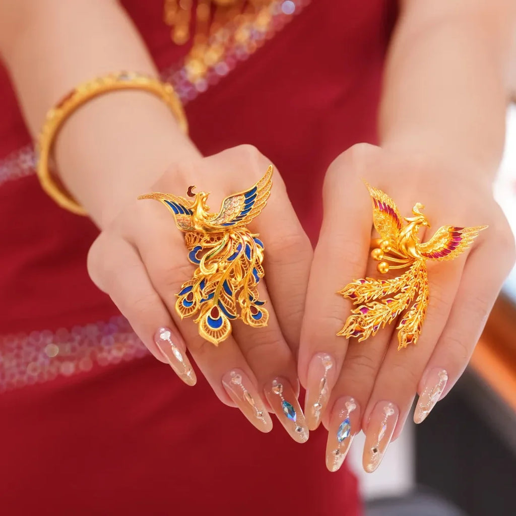 Exquisite Retro Sand Gold Phoenix Exaggerated Ring with Palace Style Gradient Enamel Color Dot Feather Gold Phoenix Ring Qme