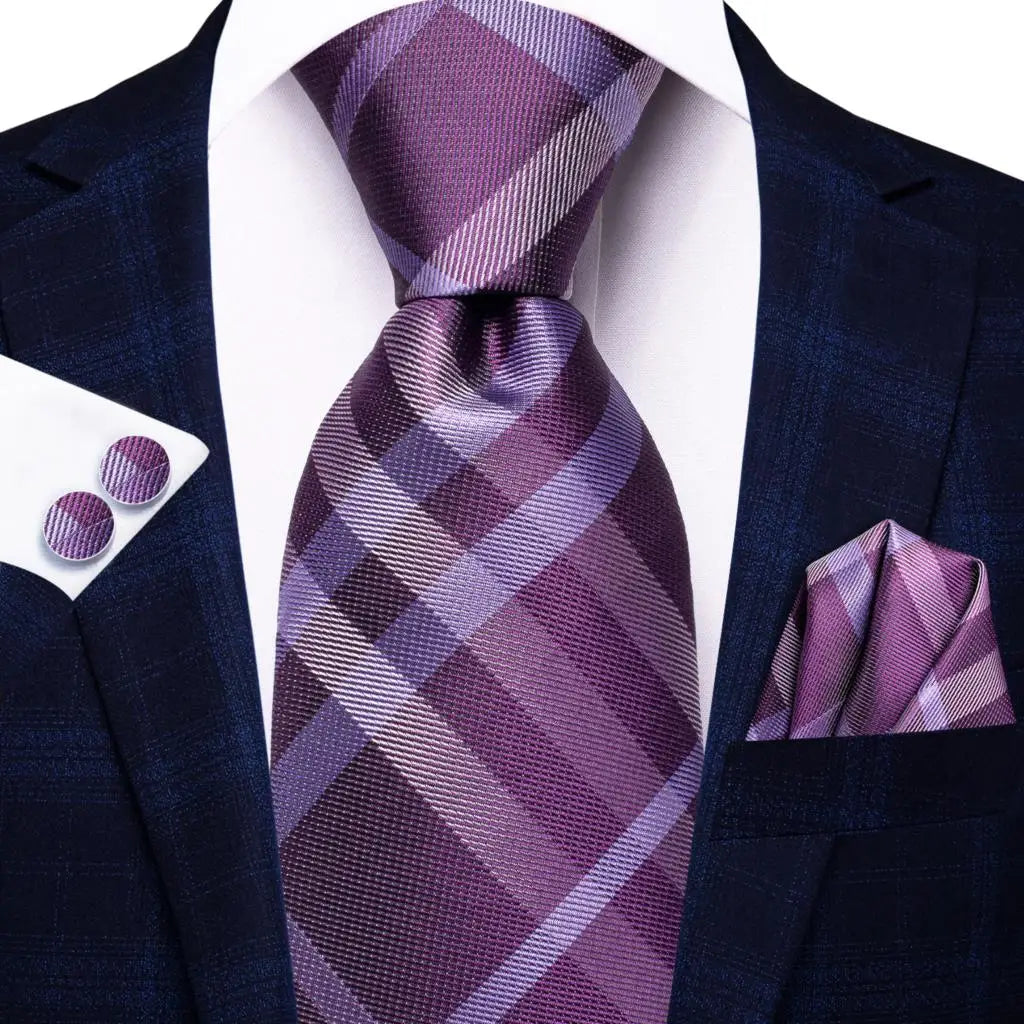 Hi-tie Designer Grey Plaid Novelty Silk Wedding Tie Men Handky Qme SN-3455