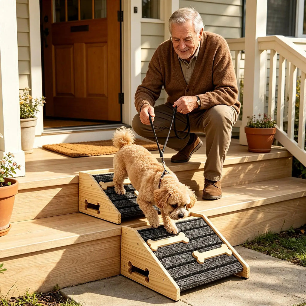 Pet Ramps Stairs 2 Anti-slip Wooden Wedges Felt Mat Dog Stair Helper Qme